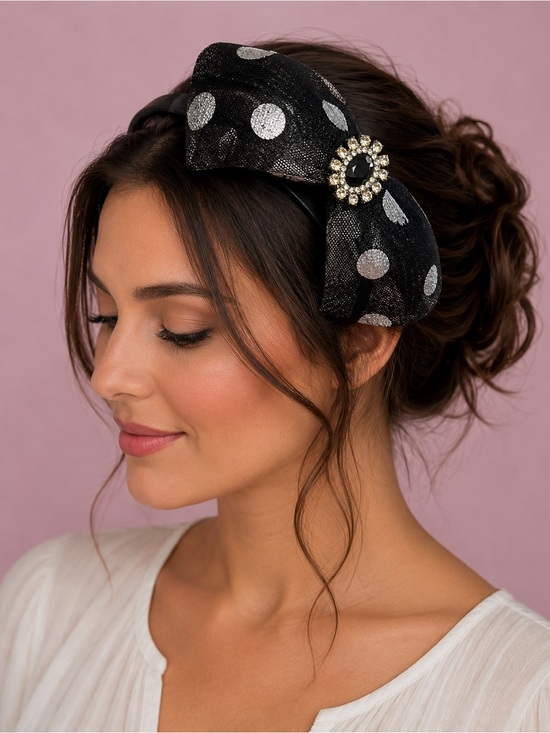 Accessories - Black Polka Dot Bow Headband with Rhinestone Accent
